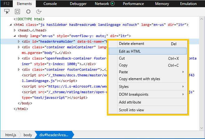 HTML tree view context menu