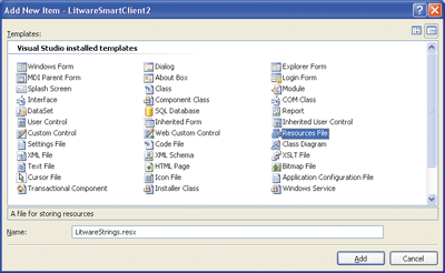 Figure 4 New Item Template for Adding Resource Files