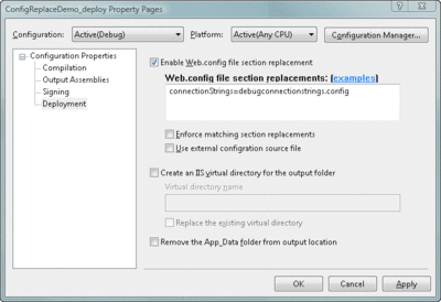 Figure 6 Property Page to Set Configuration File Section Replacement