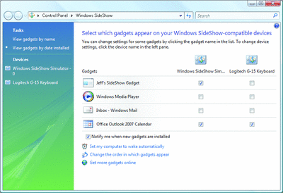 Figure 3 SideShow Applet Controls Devices and Gadgets