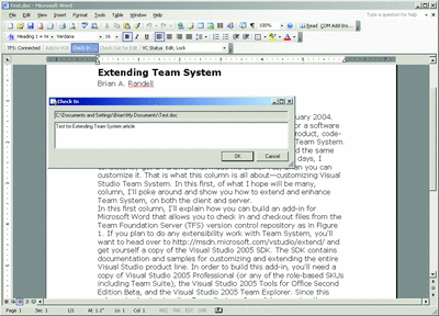 Figure 1 Checking a Word Doc into Team Foundation Server Version Control