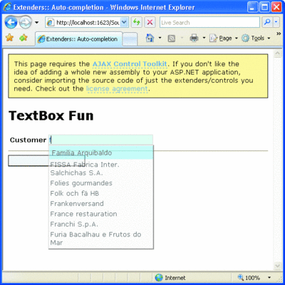 Figure 6 The AutoComplete Extender in Action
