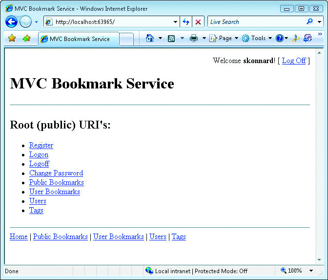 Browsing to the MVC Bookmark Service