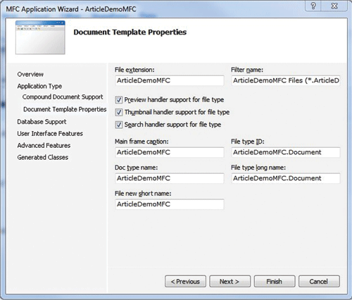 Figure 6 MFC Application Wizard with File Handler Options