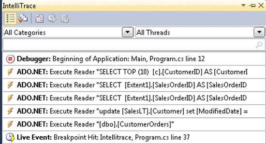 image: A Series of Database Commands Displayed in the Visual Studio IntelliTrace Display
