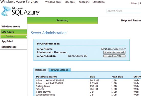image: Summary Information for a SQL Azure Database
