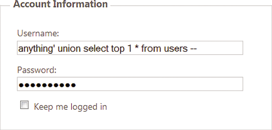 Malicious Input Instead of a Valid Username