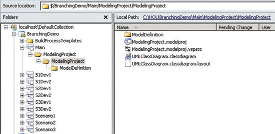 image: BranchingDemo Team Project, as Viewed in the Source Explorer
