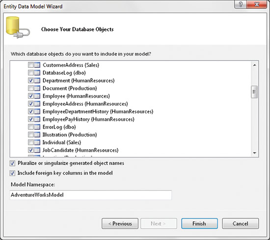 image: Selecting Tables for the Human Resources Schema in Visual Studio