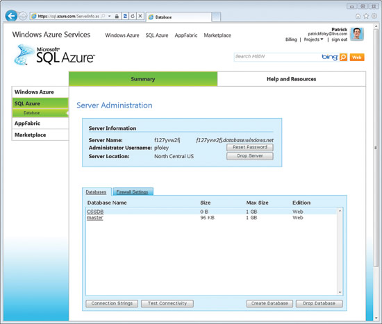 image: Configuring Settings in the SQL Azure Portal