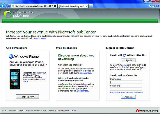 The Microsoft Advertising pubCenter Portal