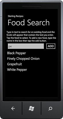 Food Search for Items that Include the Letters “pe”
