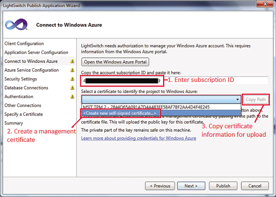 Connecting to Azure in the LightSwitch Publish Wizard