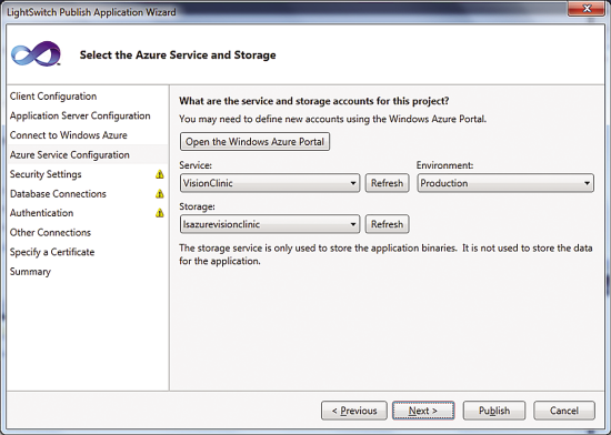 Setting Azure Service and Storage Information While Publishing