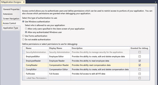 Defining Permissions in the Application Designer