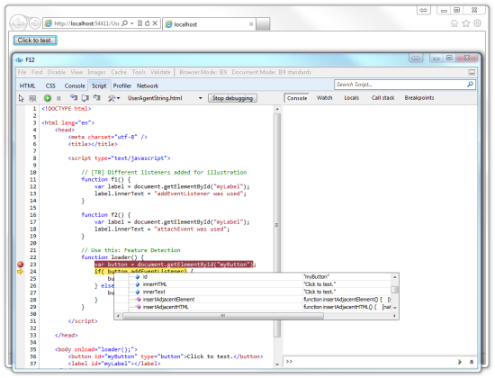 Using Breakpoints while Debugging JavaScript in Internet Explorer 9