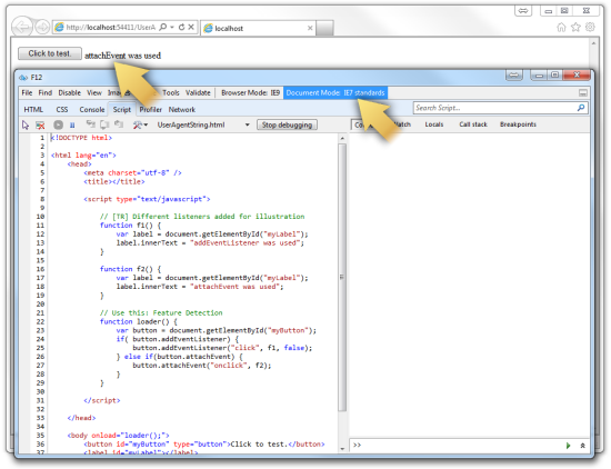Running in “Document Mode: IE7 standards,” the Debugger Falls Back to the Legacy attachEvent Method