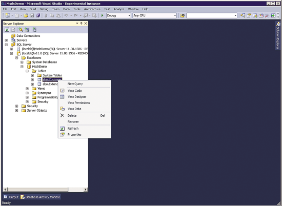 MsdnDemo Database in the New SQL Server Node in Server Explorer