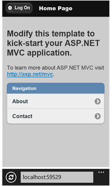 A mobile Web page in the Windows Phone Emulator