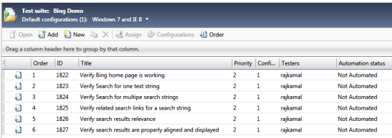 A sample snapshot of test cases in MTM