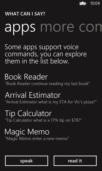Help Page Showing Voice Command Examples for Installed Apps