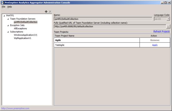 The PreEmptive Analytics for Team Foundation Server Administrative Console