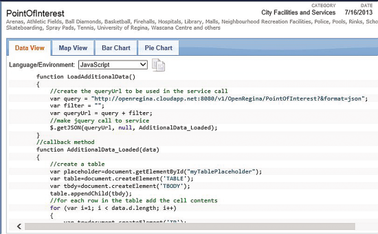 City of Regina Open Data Catalog Showing a JavaScript Code Sample Based on OData Expression Builder