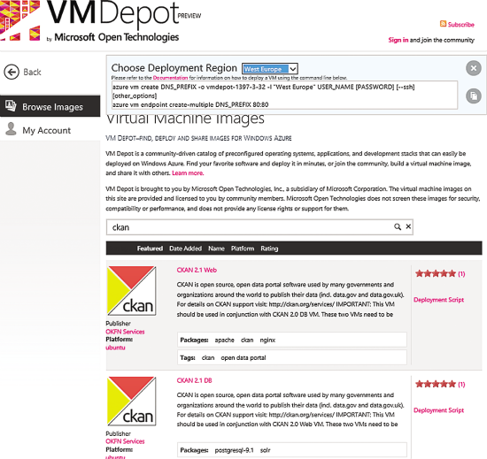 The VM Depot Interface Showing a CKAN Virtual Machine Listing