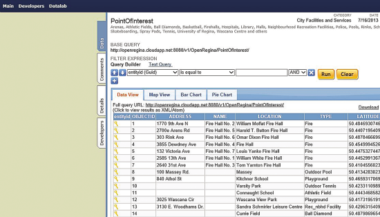 City of Regina Open Data Catalog Showing the OData Expression Builder