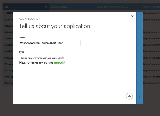 The First Step of the Add Application Wizard on the Windows Azure Active Directory Portal