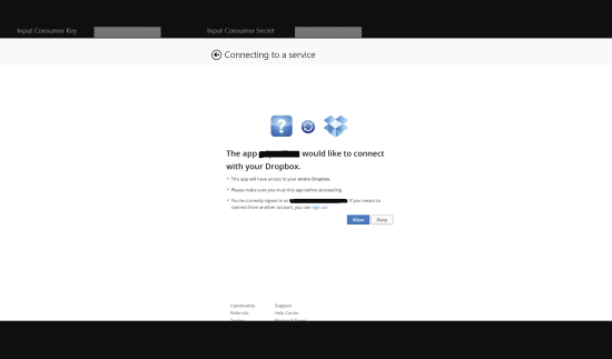 User Consent Being Asked for Application Authorization from Dropbox
