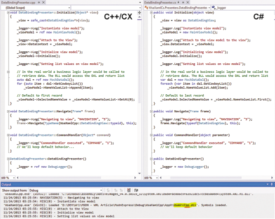 C++/CX and C# Code Using the Same View Model, Data Access Layer and Logger