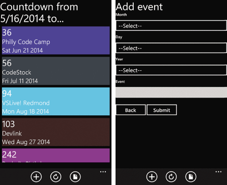 The Countdown and Add Event Page as Generated on a Windows Phone