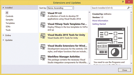 The Microsoft Visual Studio Tools for Unity Extension in Visual Studio 2015 Preview