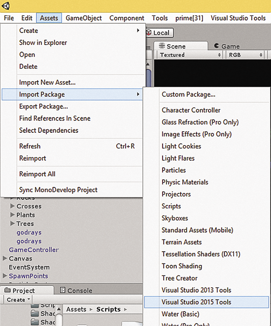 Importing the Visual Studio Tools for Unity Package into Unity