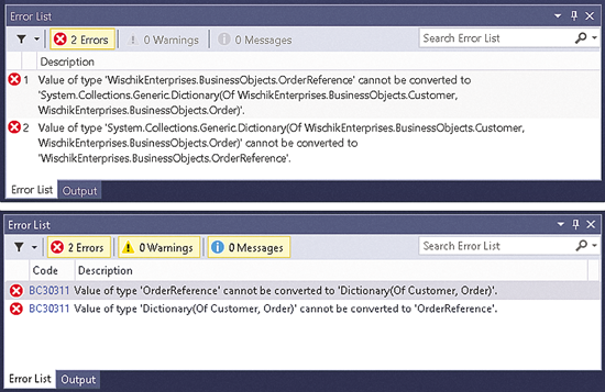 The Error List in Visual Studio 2015 (bottom) is more Readable and Versatile Than in Visual Studio 2013 (top)