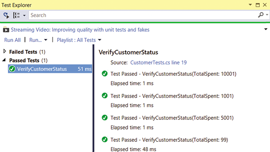 The VerifyCustomerStatus Test Method with Four Data Points in Test Explorer