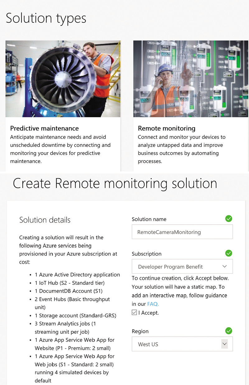 Azure IoT Suite Preconfigured Solutions (Top) and Remote Monitoring Solution Configuration (Bottom)