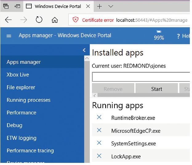Windows Device Portal Web UI