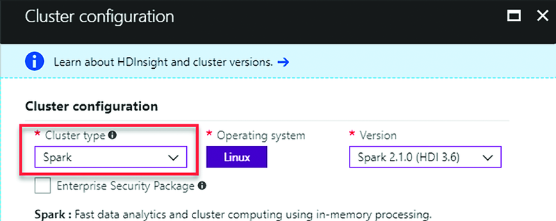 Choosing Spark as the Cluster Type for the HDInsight Cluster
