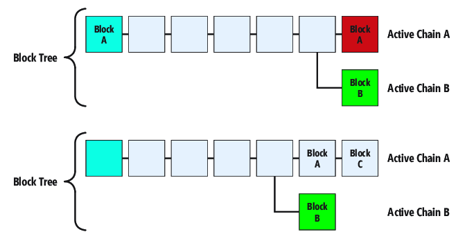 (Top) A Block Tree Showing a Block Tree Fork and Two Equal-Length Chains (Bottom); A Block Tree Showing a Block Tree Fork and One Longest Chain