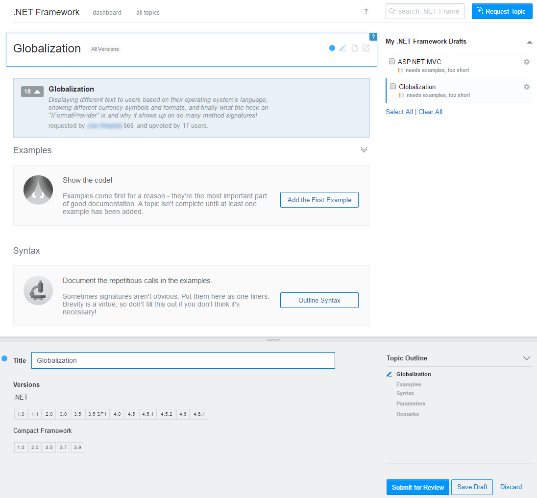 Screenshot of the of the Stack Overflow Documentation browser window, which is showing the Create Topic dialog.