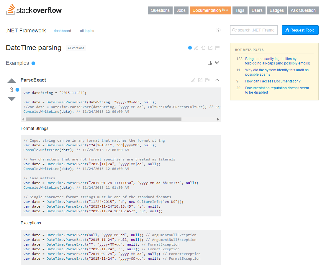 Screenshot of the of the Stack Overflow Documentation browser window, which is showing a code sample that can be copied.