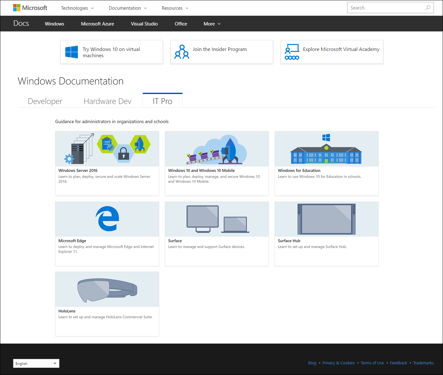 Windows IT pro landing page on docs.microsoft.com
