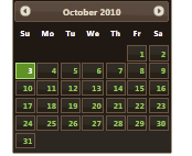 Screenshot shows an October 2010 calendar in the Minto-Choc theme.