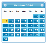 Screenshot of a j Query UI 1 point 11 point 4 Calendar with the Start theme.