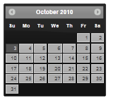 Screenshot of a j Query UI 1 point 11 point 4 Calendar with the Vader theme.