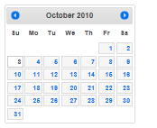 Screenshot of a j Query UI 1 point 11 point 4 Calendar with the Flick theme.