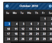 Screenshot of a j Query UI 1 point 12 point 1 Calendar with the Dot Luv theme.