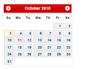 Screenshot shows an October 2010 calendar in the Blitzer theme.